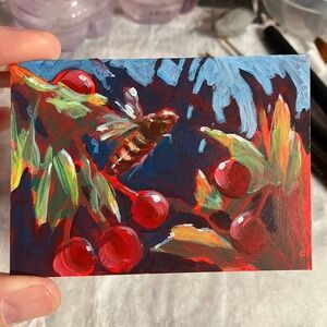 Aceo Original Honeybee Painting Bee Berries Red nature surrealism Art Artettina